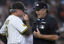 Padres’ Bogaerts loses homer on fan interference call, manager Shildt ejected