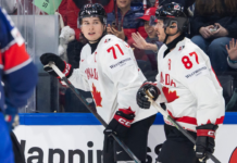 Celebrini wires one-timer for first goal as Team Canada captain