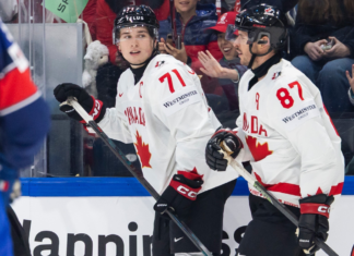 Celebrini wires one-timer for first goal as Team Canada captain