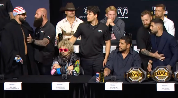 Ilia Topuria confronts Josh Hokit at UFC Freedom 250 press conference