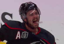 Hurricanes’ Aho corrals pass off skates and fires goal upstairs