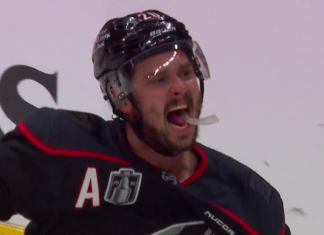 Hurricanes’ Aho corrals pass off skates and fires goal upstairs